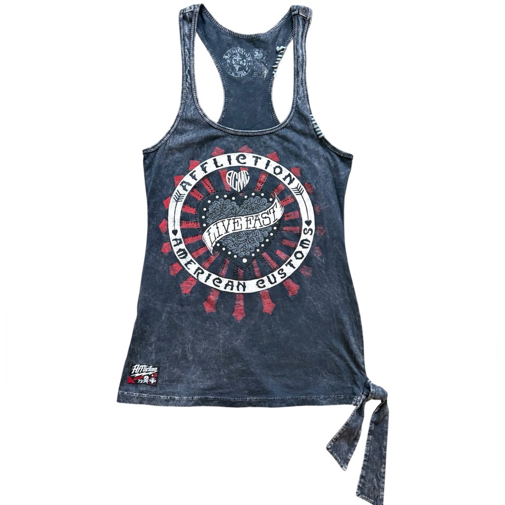 NWOT Affliction Woman’s Small Black Rhinestone Tank Top With graphic design